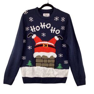 Jean Pascale‎ Christmas Sweater Size Medium Holiday Blue Ho Ho Ho Santa Festive